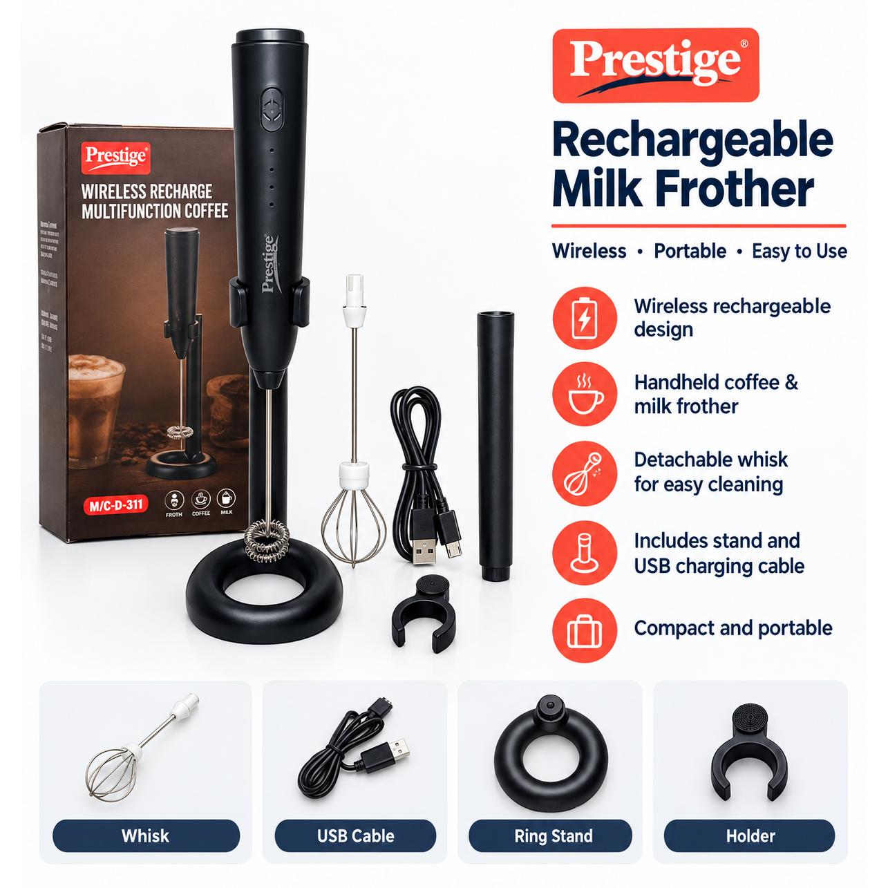 Prestige Wireless Rechargeable Milk & Coffee Frother